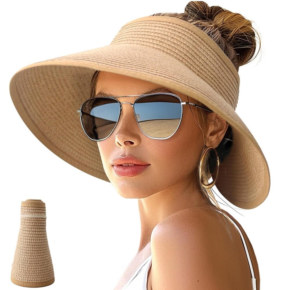 Sun Hats for Women Wide Brim Roll-Up Beach Ponytail Hat Packable Travel